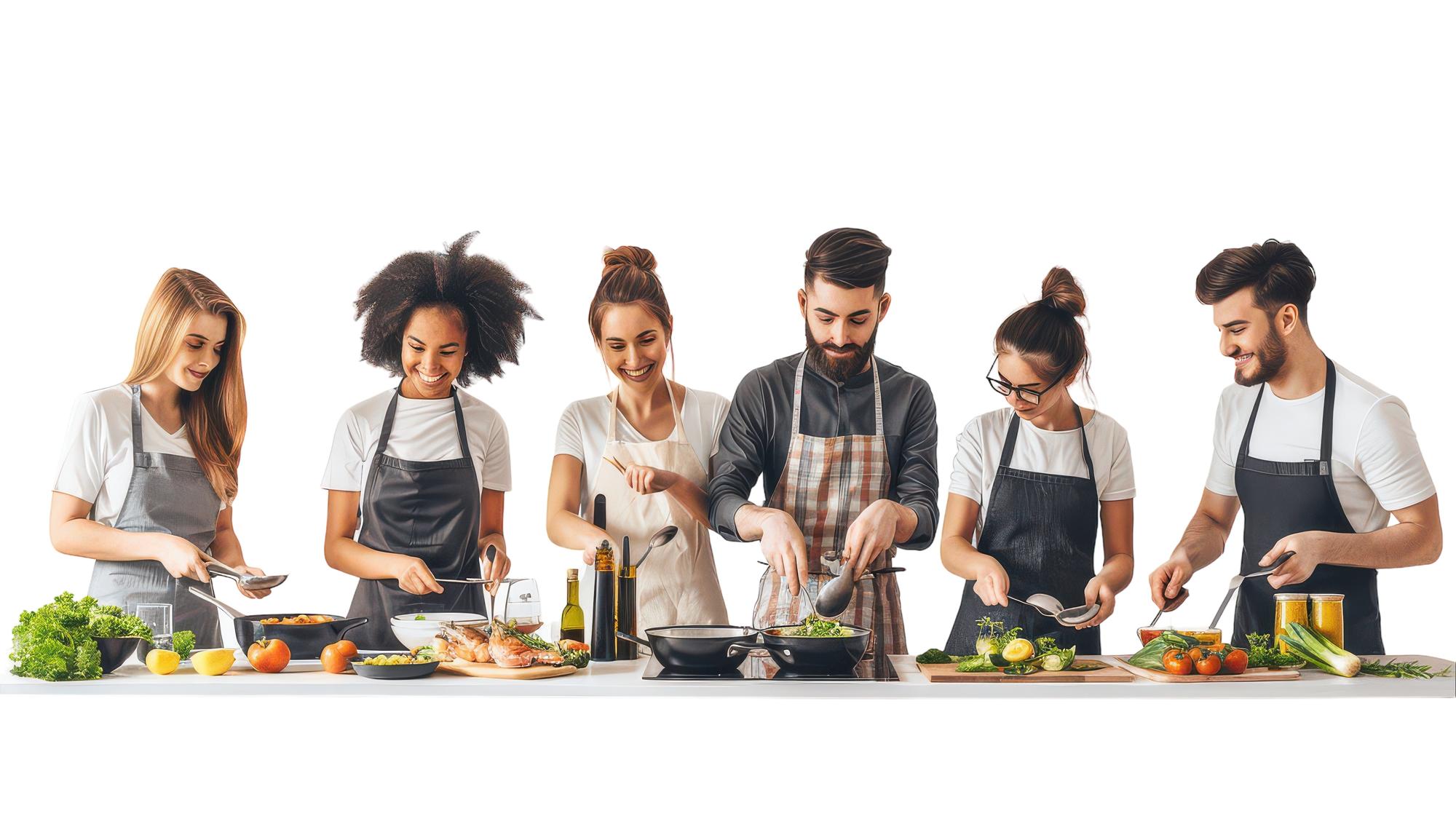 Group cooking around a counter