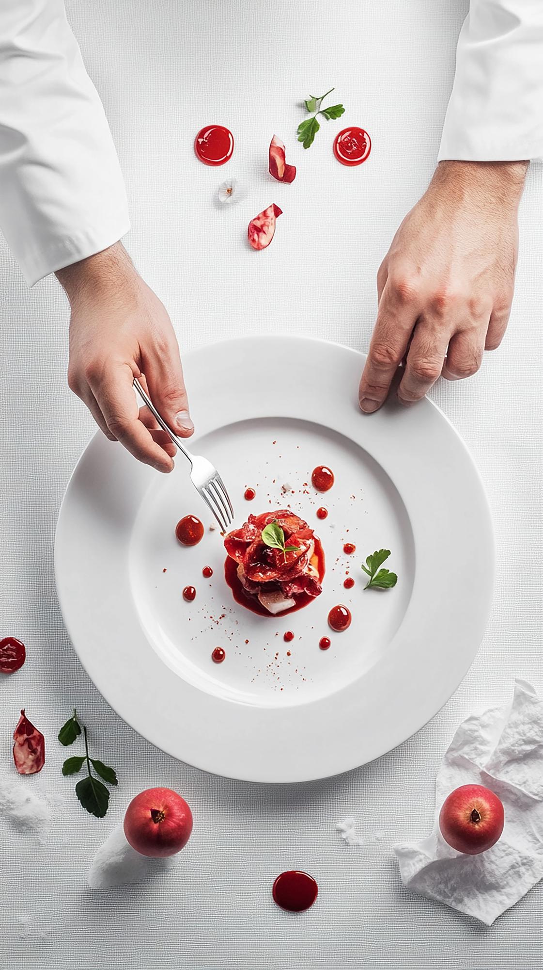 Chef preparing plated dish in studio kitchen